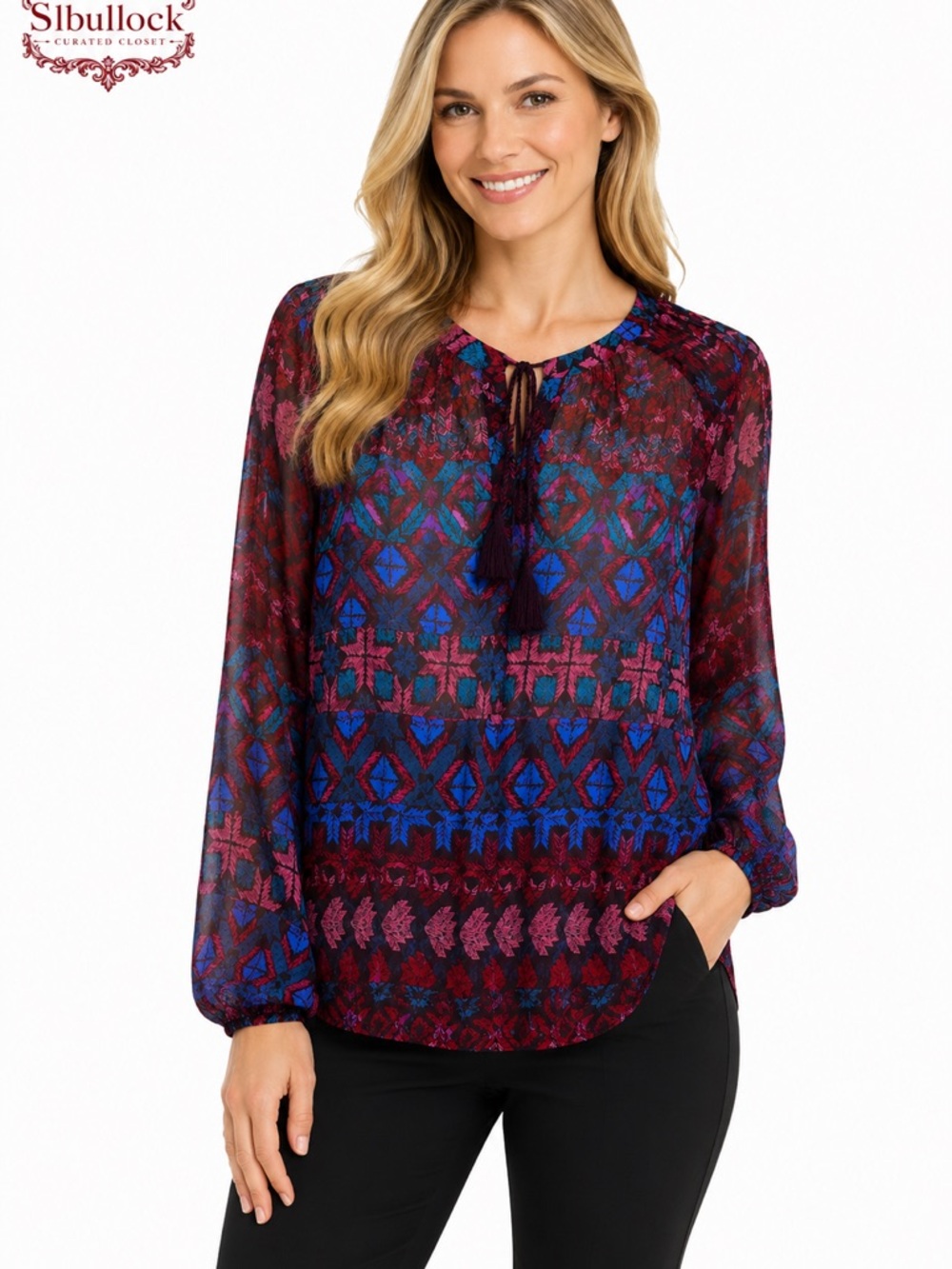 T36 Lucky Brand 1X Boho Tassel Tie Blouse | 100% Viscose | NWOT